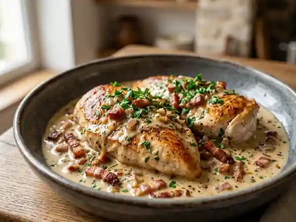 Filet de dinde aux lardons croustillants et sauce crémeuse - Photo de présentation