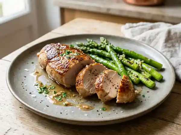 Filet de dinde tendre aux asperges vertes sautées - Photo de présentation