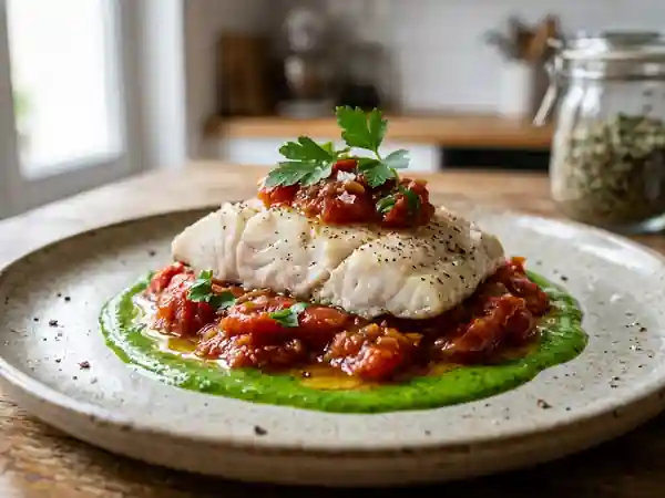 Filet de merlan aux tomates braisées et coulis de persil frais - Photo de présentation