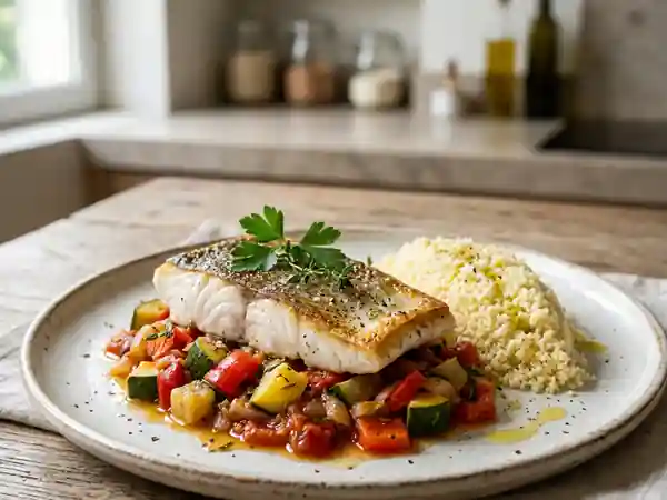 Merlu nacré et sa compotée de légumes du soleil - Photo de présentation