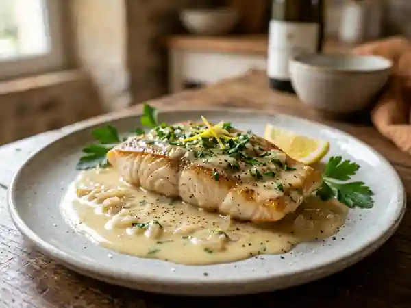 Filet de perche délicatement poêlé au vin blanc et citron - Photo de présentation