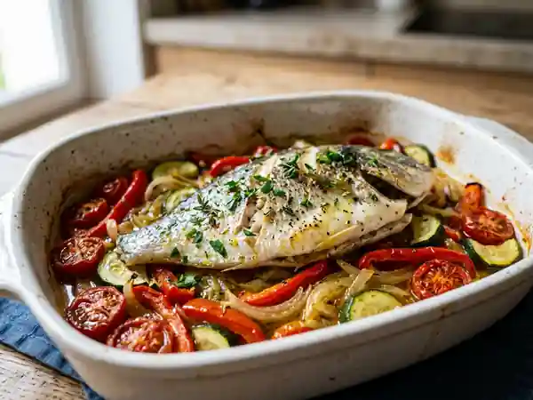Filet de poisson à la méditerranéenne, légumes confits et herbes fraîches - Photo de présentation