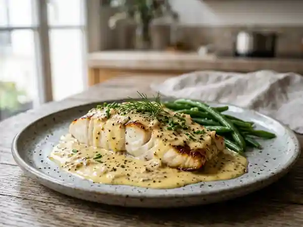 Filet de poisson à la moutarde crémeux et savoureux - Photo de présentation