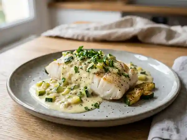 Poisson blanc fondant, crème de courgette onctueuse - Photo de présentation