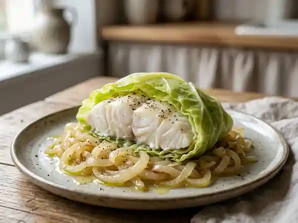 Filet de poisson blanc en feuilles de chou sur lit d'oignons fondants - Photo de présentation
