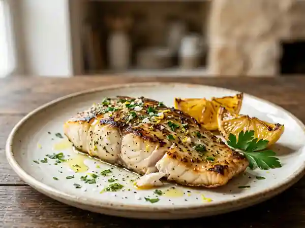 Poisson jaune grillé au citron et ail pressé - Photo de présentation
