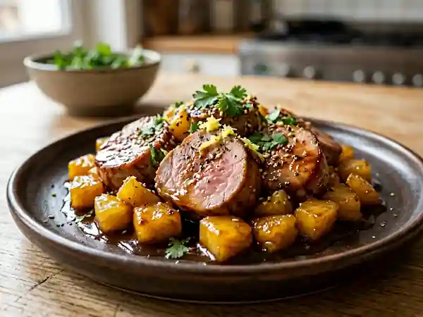Filet de porc fondant au gingembre frais et ananas caramélisé - Photo de présentation