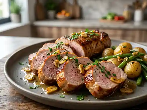 Filet de porc poêlé au beurre d'ail fondant - Photo de présentation