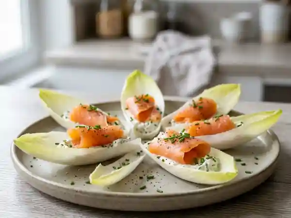 Filet de saumon fumé sur lit d'endives au boursin crémeux - Photo de présentation