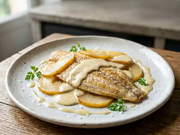 Filet de sole aux lamelles de poires et sauce vanillée délicate - Photo de présentation