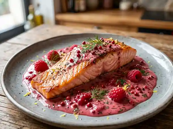 Truite saumonée nacrée et crème de framboises - Photo de présentation