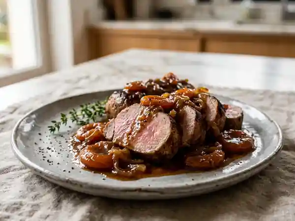 Filet mignon juteux aux abricots caramélisés - Photo de présentation