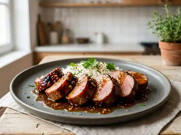 Filet mignon de porc caramélisé au miel et gingembre frais - Photo de présentation