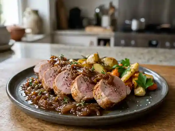 Filet mignon de porc fondant à la compote d'oignons caramélisés - Photo de présentation