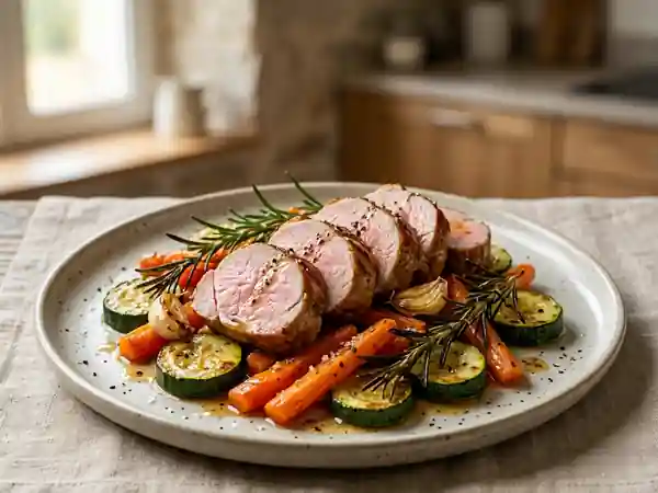 Filet mignon rôti au romarin et légumes d'été - Photo de présentation