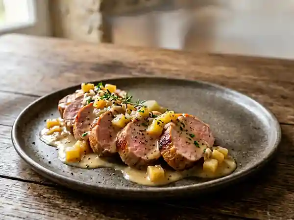 Filet mignon caramélisé et crème aux pommes - Photo de présentation