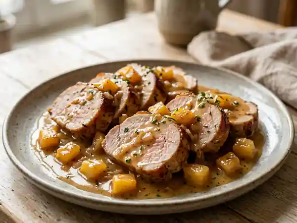 Filet mignon de porc tendre au cidre et aux pommes caramélisées - Photo de présentation