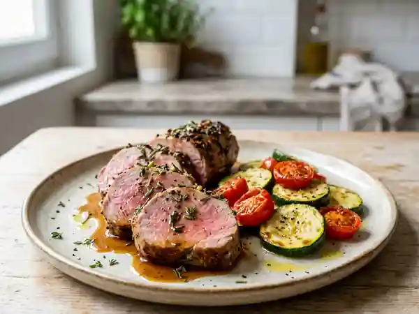 Filet mignon rôti aux herbes fraîches, plat léger et savoureux d'été - Photo de présentation