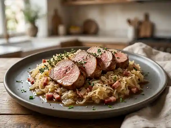 Filet mignon tendre accompagné de sa choucroute savoureuse - Photo de présentation