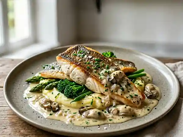 Bar nacré, beurre blanc iodé au Champagne - Photo de présentation
