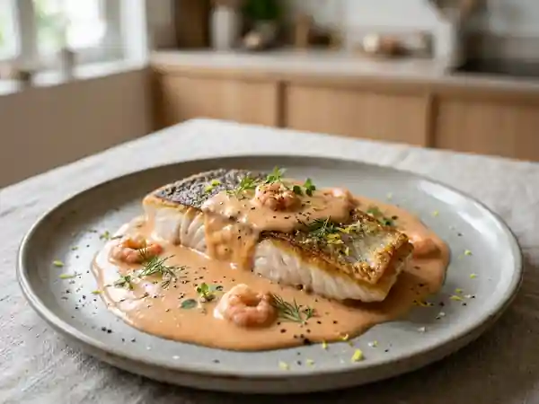 Filet de bar nacré au coulis de crevettes - Photo de présentation