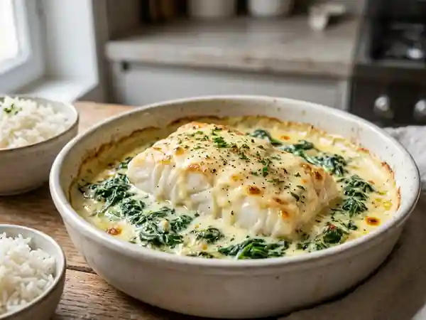 Filets de cabillaud à la florentine : recette savoureuse aux épinards et sauce crémeuse - Photo de présentation