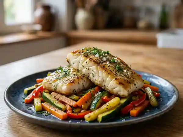 Cabillaud mariné au citron et petits légumes - Photo de présentation