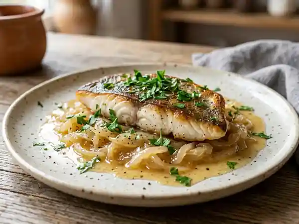 Filets de daurade aux oignons fondants et vin blanc parfumé - Photo de présentation