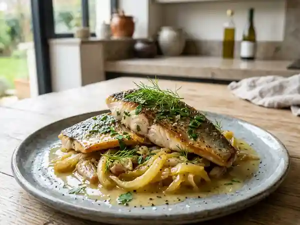 Filets de daurade fondants au vin blanc et fenouil parfumé - Photo de présentation