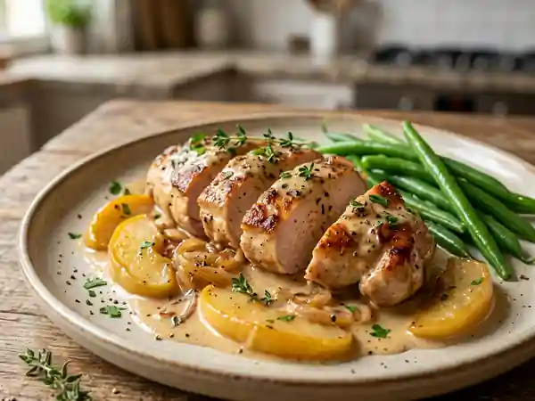 Filets de lapin fondants aux pommes caramélisées et sauce au cidre - Photo de présentation