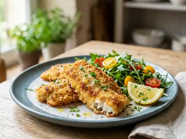 Filets de lieu panés au parmesan croustillants et savoureux - Photo de présentation