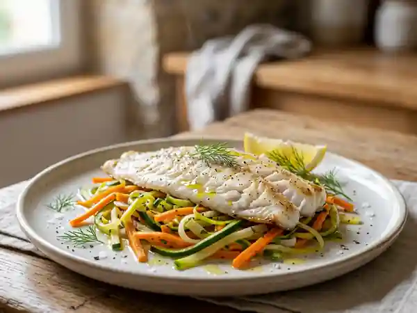 Filets de merlan au four accompagnés d'une julienne de légumes croquante - Photo de présentation
