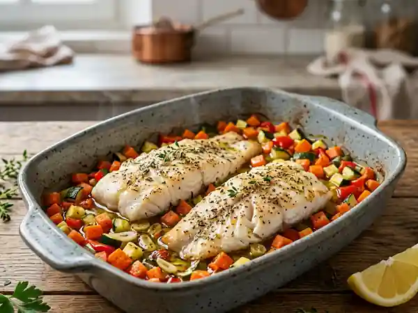 Filets de poisson fondants aux petits légumes - Photo de présentation