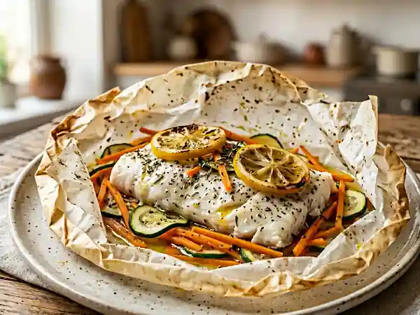 Papillote de poisson blanc aux petits légumes - Photo de présentation