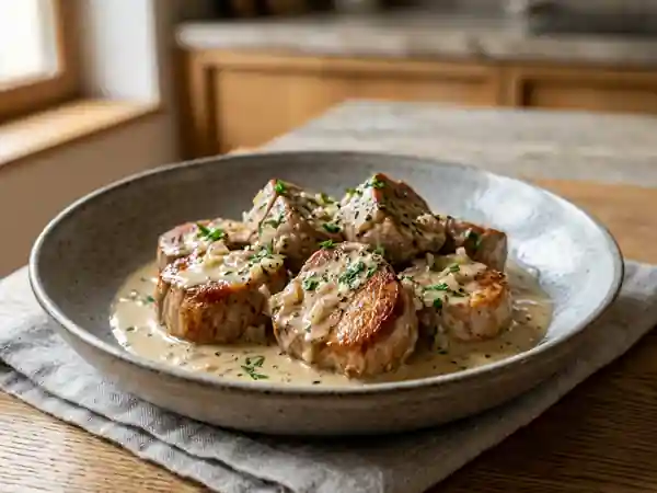 Filets de porc fondants à la crème et vin blanc - Photo de présentation