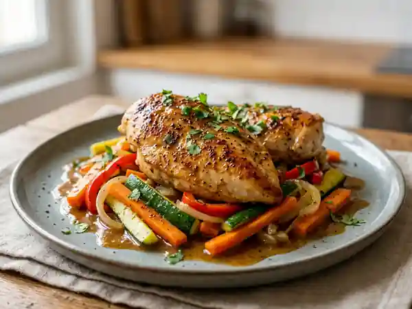 Filets de poulet aux petits légumes croquants, sauce cumin et cannelle - Photo de présentation