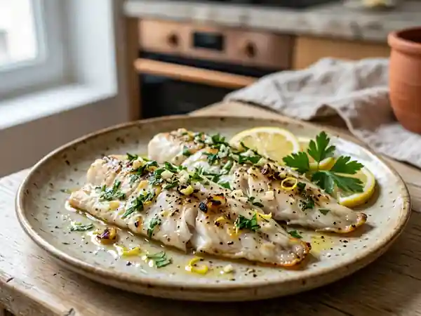 Filets de rascasse au four, sauce citronnée et herbes fraîches - Photo de présentation