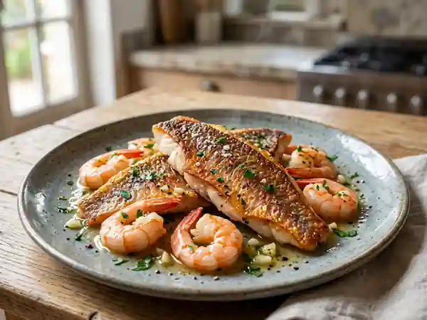 Rougets croustillants et crevettes à l'ail - Photo de présentation