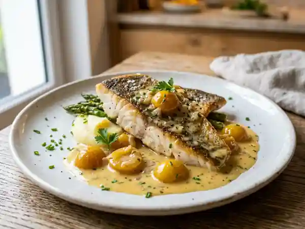 Sandre poêlé et compotée de mirabelles au vin - Photo de présentation