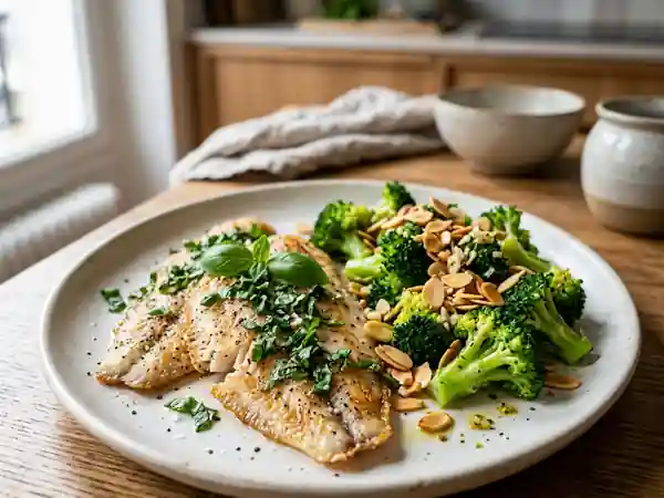 Filets de sole au basilic et brocolis sautés aux amandes : recette saine et gourmande - Photo de présentation