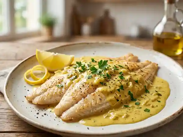 Filets de sole délicatement nappés d'une sauce onctueuse au curry - Photo de présentation