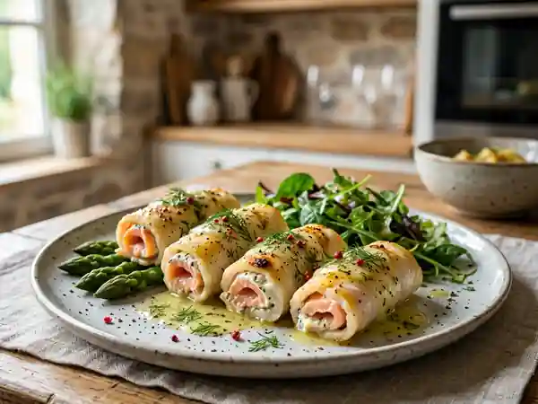 Filets de sole roulés au saumon fumé, sauce citronnée délicate - Photo de présentation