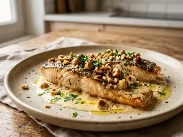 Filets de truite aux noisettes croustillantes et sauce citronnée - Photo de présentation