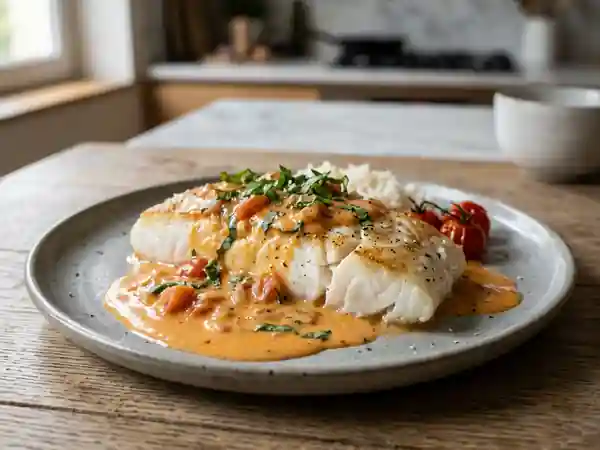 Filets d'églefin à la sauce onctueuse tomate basilic - Photo de présentation