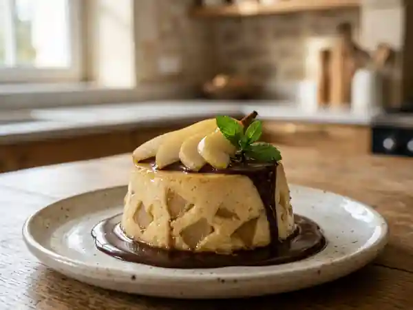 Flan aux poires onctueux avec sauce au chocolat fondante - Photo de présentation