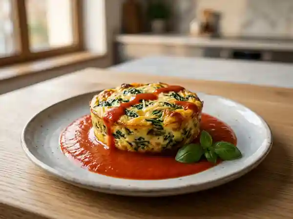 Flan d'épinards onctueux accompagné d'un coulis de tomate maison - Photo de présentation