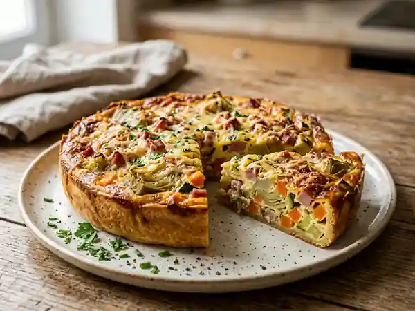 Flan onctueux artichauts, légumes et jambon - Photo de présentation