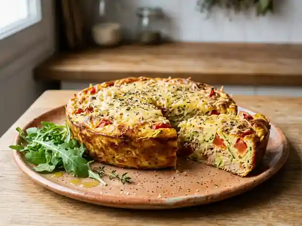Flan savoureux aux tomates, courgettes et thon - Photo de présentation