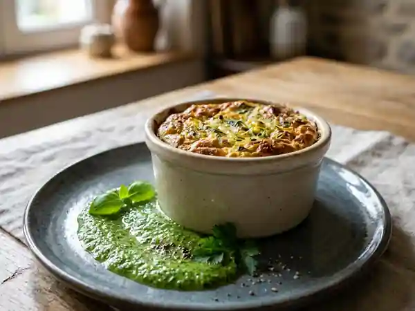 Flans de poireaux onctueux accompagnés d'un coulis vert frais - Photo de présentation