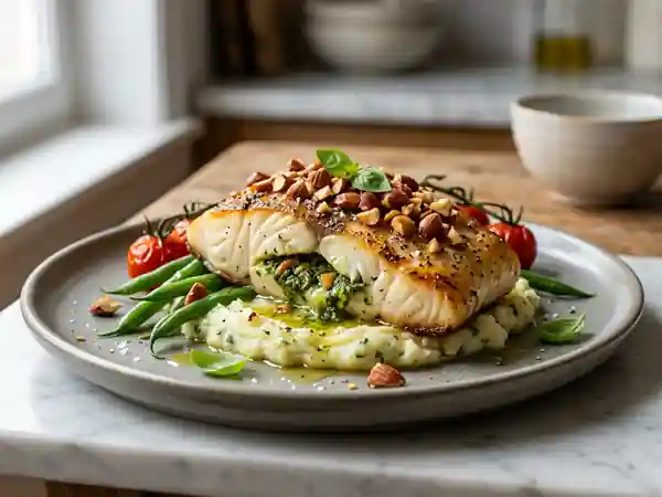 Flétan rôti farci au pistou et amandes grillées : recette gourmande et facile - Photo de présentation